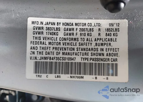 2012 Honda Civic Hybrid from USA, damaged, VIN JHMFB4F35CS010947